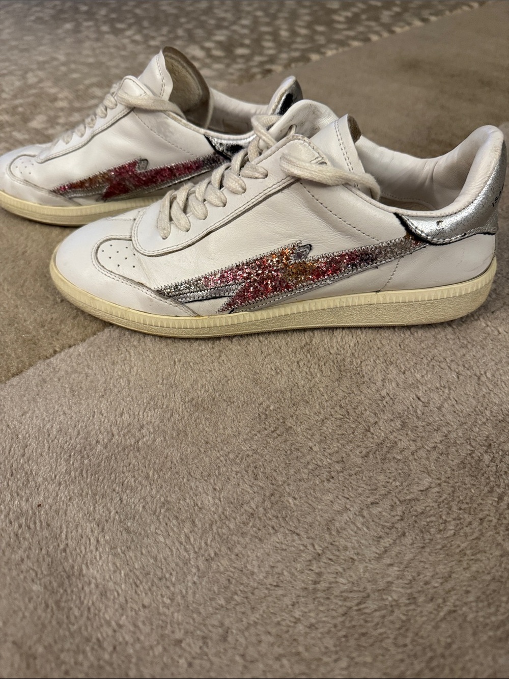 Isabel Marant White Leather Sneakers with Pink Glitter Lightning and Silver Heel